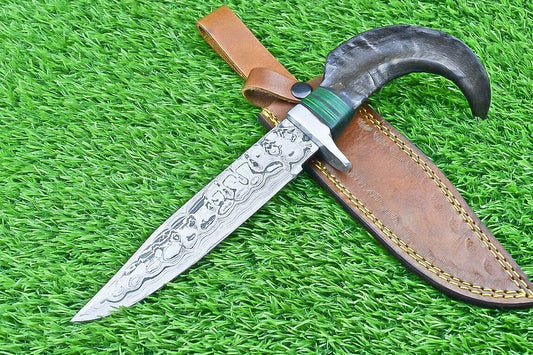 12 Inch Damascus Steel Bowie Knife with Ram Horn and Wood Handle for Hunting and Camping