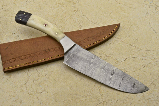 CUSTOM HANDMADE DAMASCUS CHEF Knife – Camel Bone & Bull Horn Handle