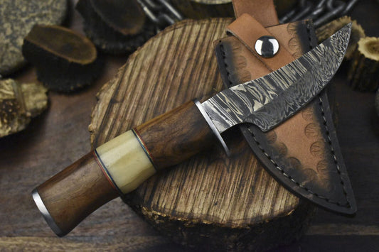 Twist Pattern Damascus Skinner Knife Bone and Wood Handle – Handmade Fixed Blade Hunting Knife