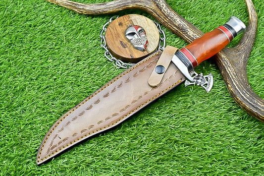 14" Premium Damascus Bowie Knife – Camel Bone & Resin Handle with Leather Sheath