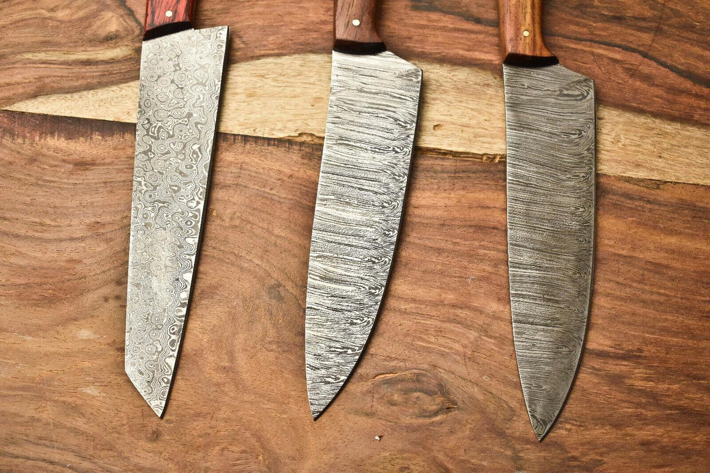 Set of 3 Custom Handmade Damascus Steel Chef Knives – Full Tang Kitchen Blades