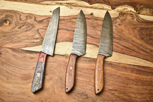 Set of 3 Custom Handmade Damascus Steel Chef Knives – Full Tang Kitchen Blades
