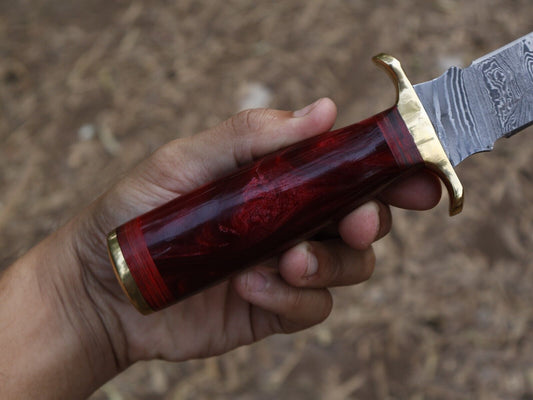 Damascus Steel Bowie Knife Resin Hardwood Handle Camping Dagger