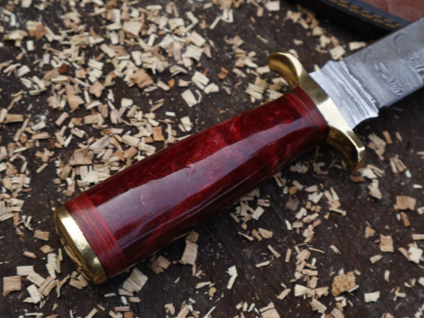 Damascus Steel Bowie Knife Resin Hardwood Handle Camping Dagger