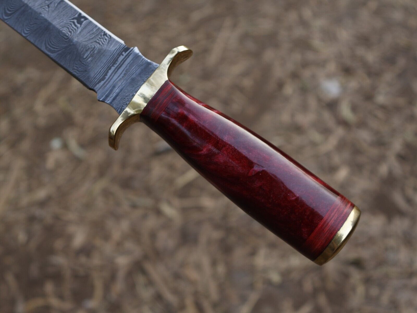 Damascus Steel Bowie Knife Resin Hardwood Handle Camping Dagger