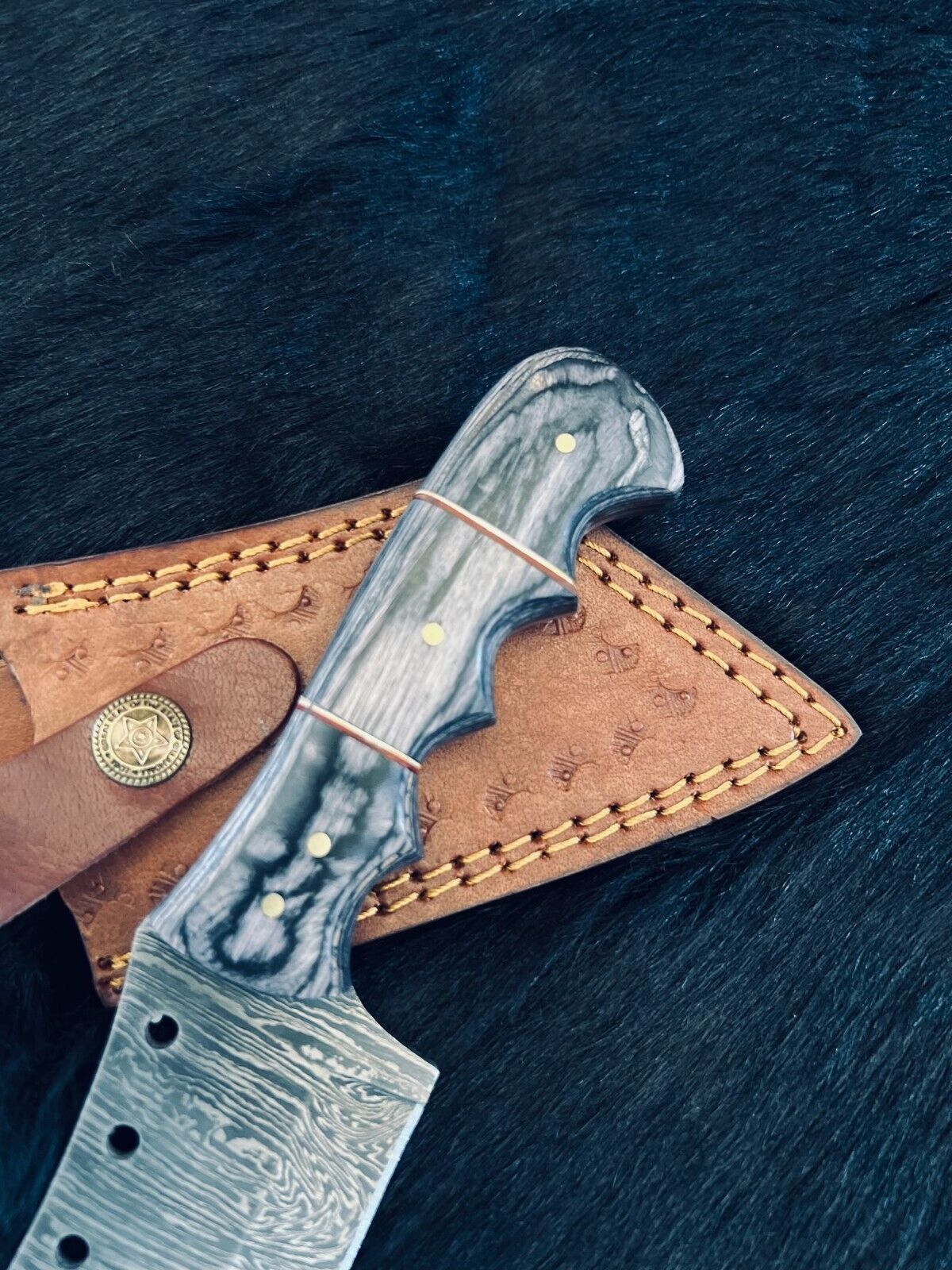 Heritage Forge 9 Inch Custom Fire Damascus Steel Cleaver Knife with Camel Bone and Wood Handle