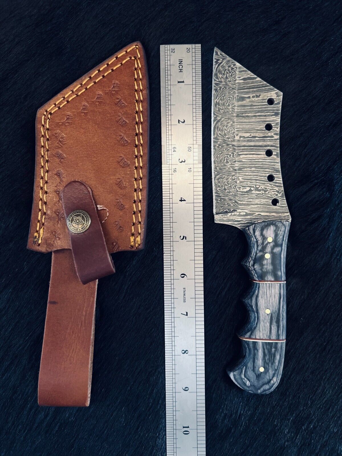 Heritage Forge 9 Inch Custom Fire Damascus Steel Cleaver Knife with Camel Bone and Wood Handle