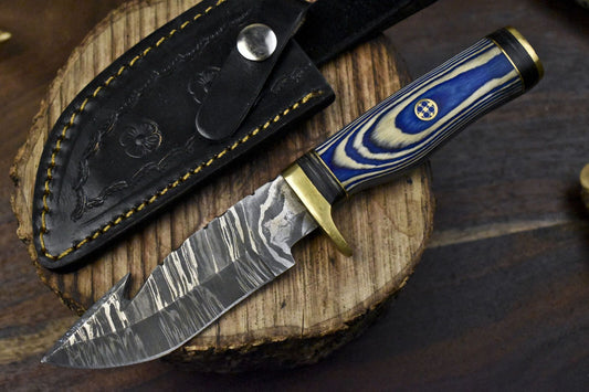 Custom Forged Damascus Skinner Knife with Gut Hook and Hardwood Handle – Hunting, Hiking, and Outdoor Skinning Knife with Leather Sheath