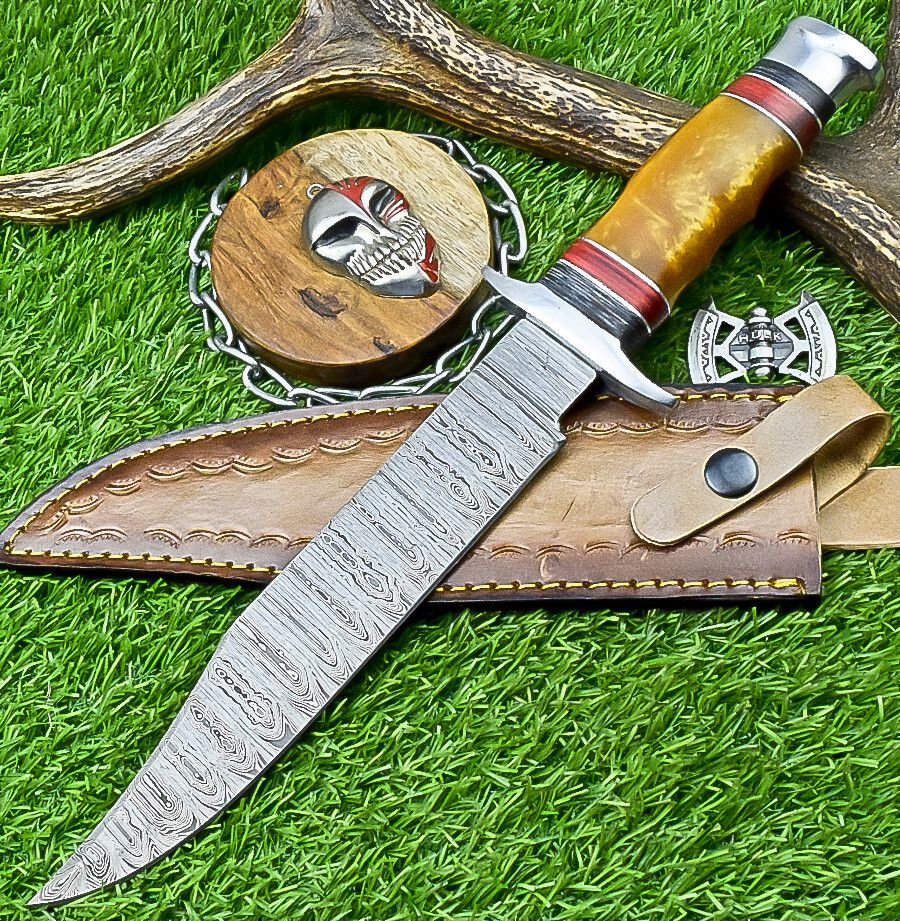 14" Premium Handmade Damascus Bowie Knife – Resin Handle & Leather Sheath