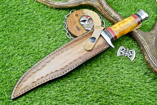 14" Premium Handmade Damascus Bowie Knife – Resin Handle & Leather Sheath