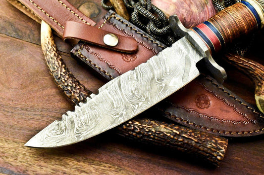 12" Handmade Damascus Bowie Hunting Knife | Stained Camel Bone Handle