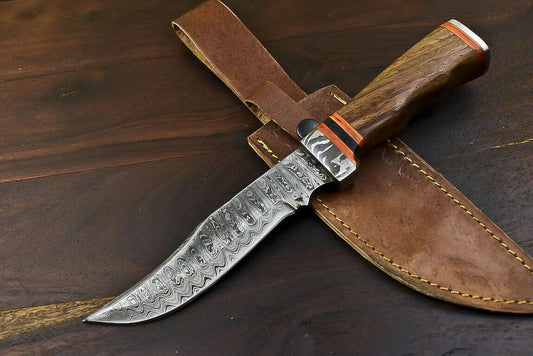 11" Hand Forged Damascus Combat Bowie Knife – Walnut Wood Handle & Leather Sheath