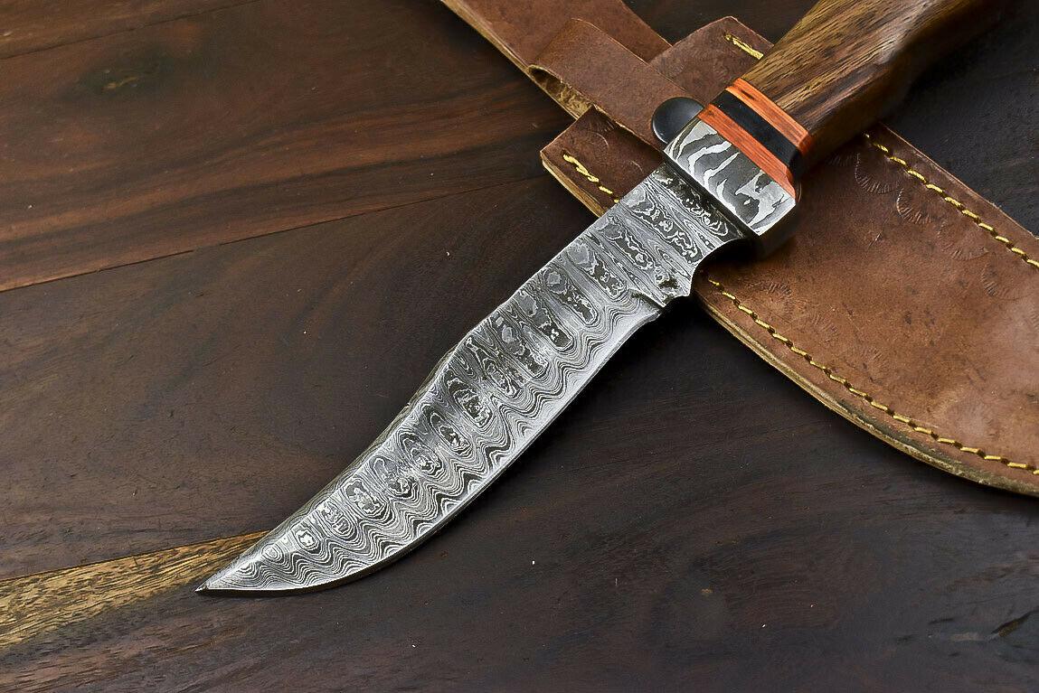 11" Hand Forged Damascus Combat Bowie Knife – Walnut Wood Handle & Leather Sheath
