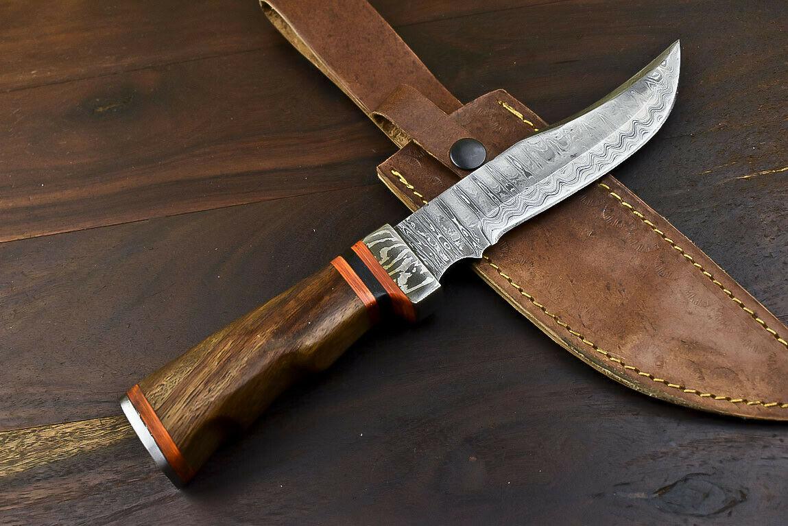 11" Hand Forged Damascus Combat Bowie Knife – Walnut Wood Handle & Leather Sheath