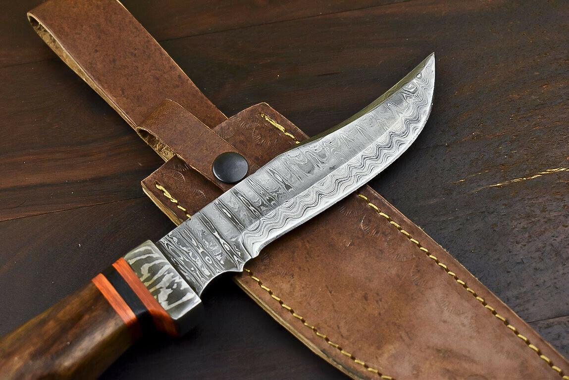 11" Hand Forged Damascus Combat Bowie Knife – Walnut Wood Handle & Leather Sheath