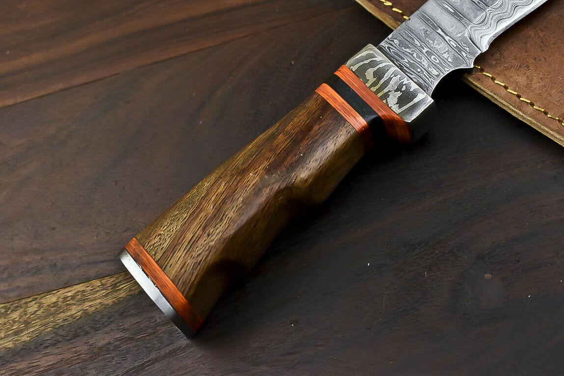 11" Hand Forged Damascus Combat Bowie Knife – Walnut Wood Handle & Leather Sheath