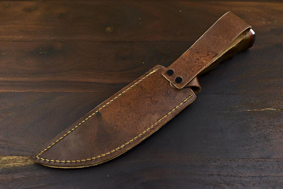 11" Hand Forged Damascus Combat Bowie Knife – Walnut Wood Handle & Leather Sheath