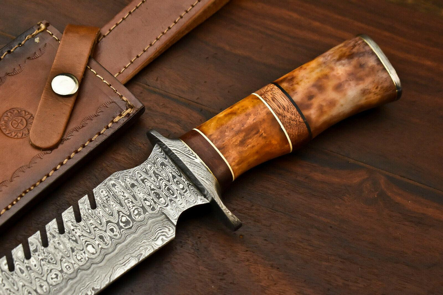 15" Handmade Damascus Steel Bowie Knife with Camel Bone Handle