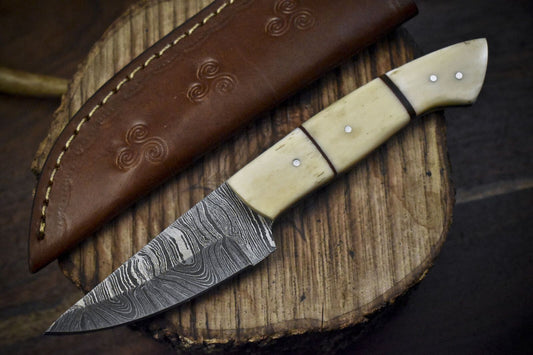 Hand Forged Twist Damascus Skinner Knife with Bone Handle – Custom Survival Collectible
