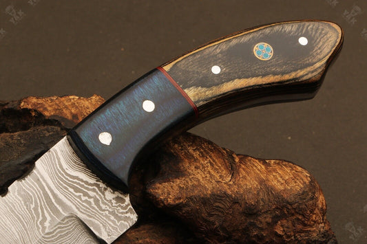 7" Hand Forged Twist Damascus Steel Bowie Knife | Camel Bone & Wood Handle