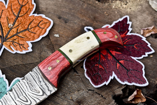 Ladder Damascus Skinner Knife – Bone & Wood Handle with Wooden Bolster and Leather Sheath