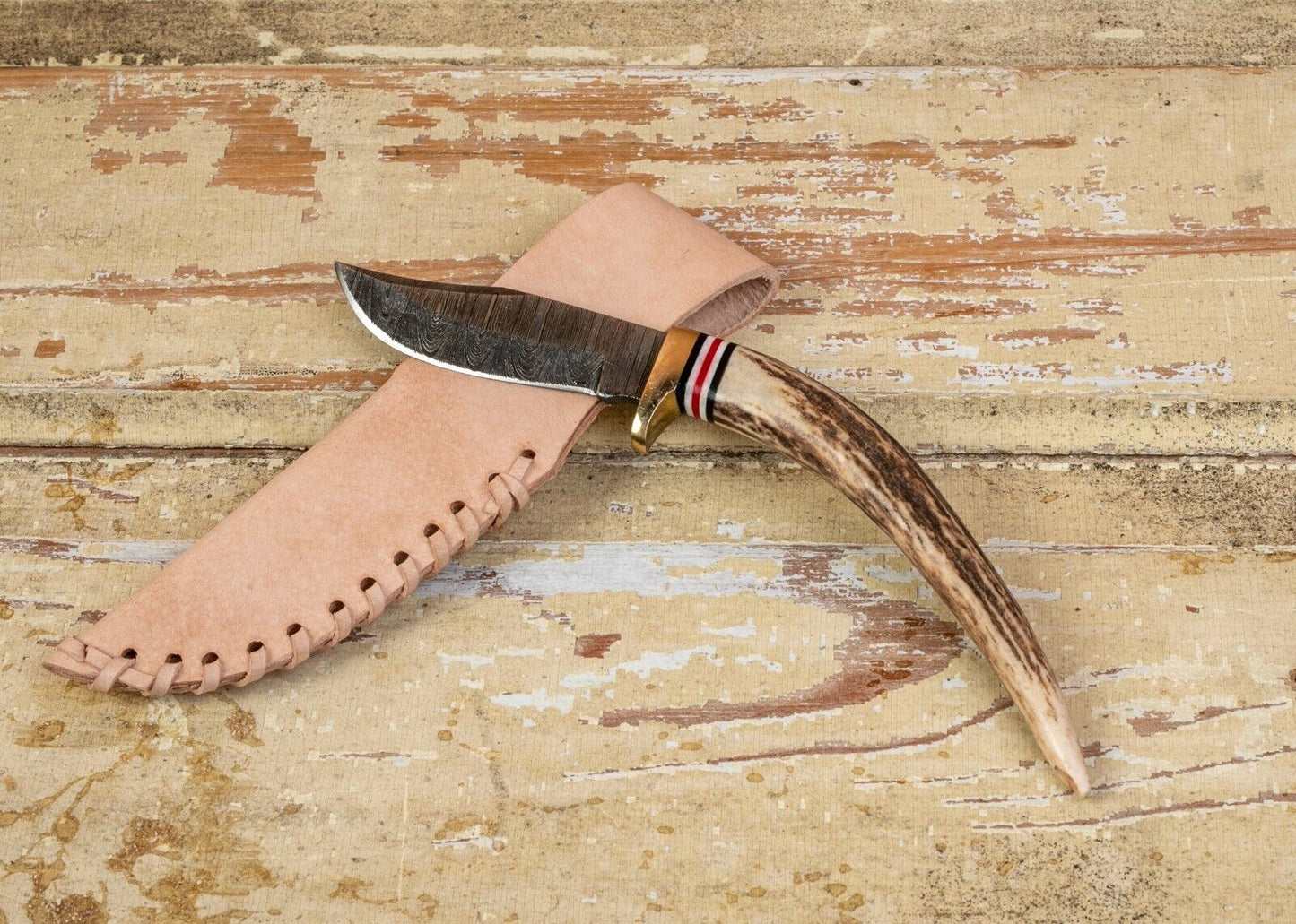Heritage Forge Damascus Clip Point Knife Stag Antler Handle with Leather Sheath