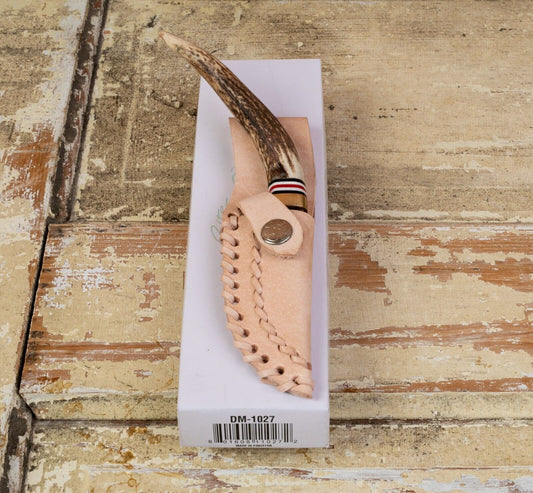 Heritage Forge Damascus Clip Point Knife Stag Antler Handle with Leather Sheath
