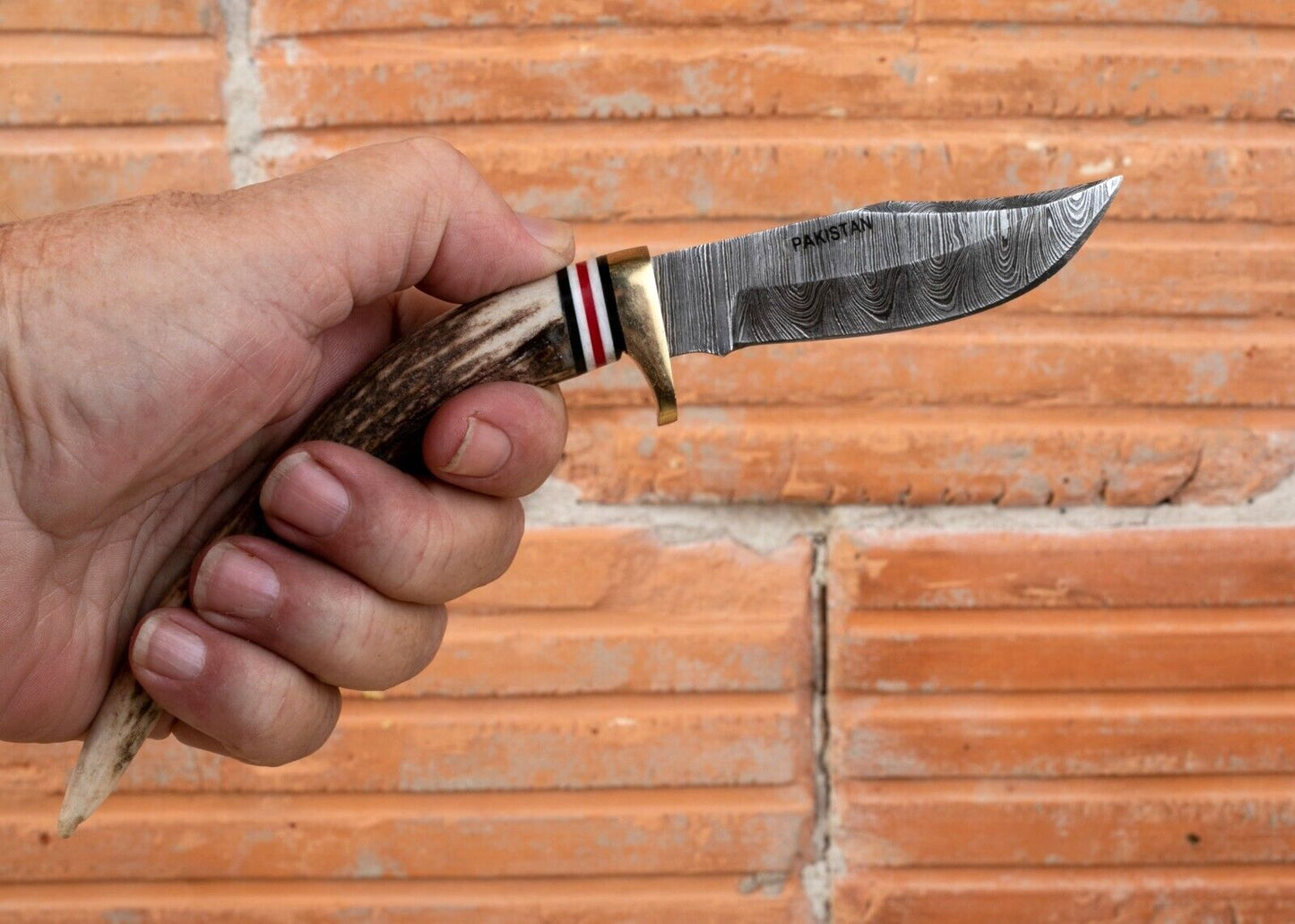 Heritage Forge Damascus Clip Point Knife Stag Antler Handle with Leather Sheath