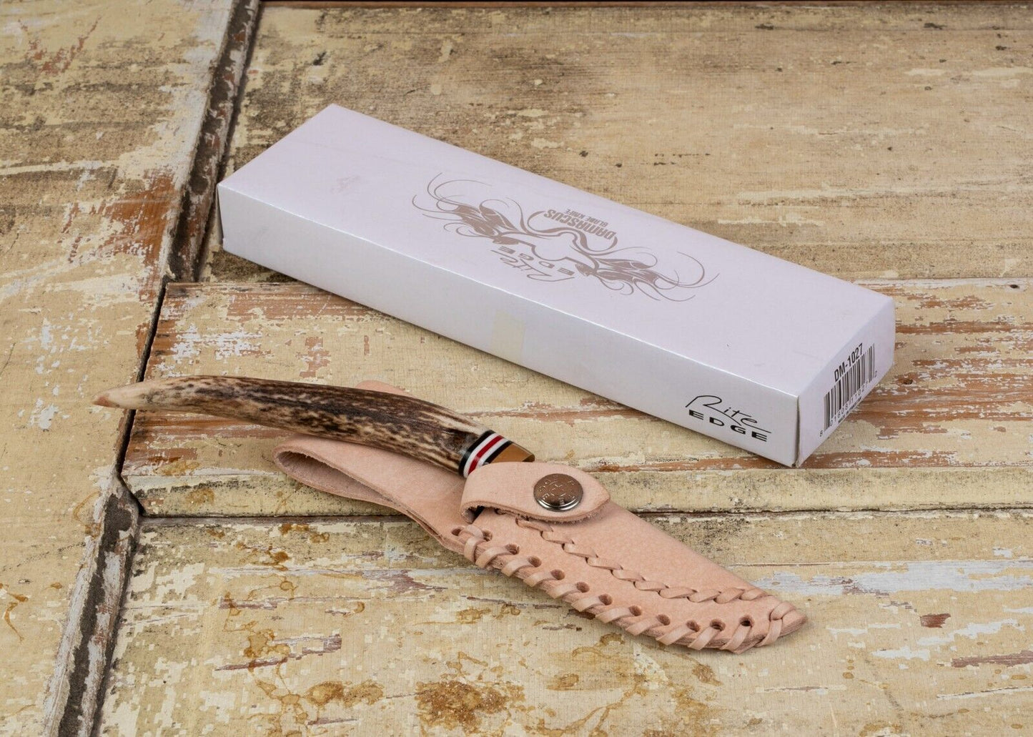 Heritage Forge Damascus Clip Point Knife Stag Antler Handle with Leather Sheath