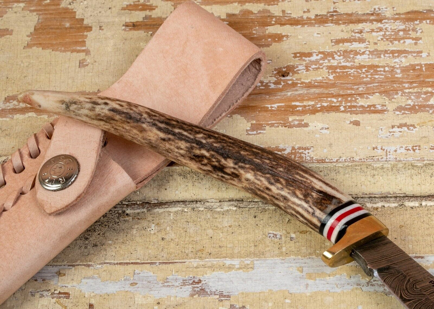 Heritage Forge Damascus Clip Point Knife Stag Antler Handle with Leather Sheath