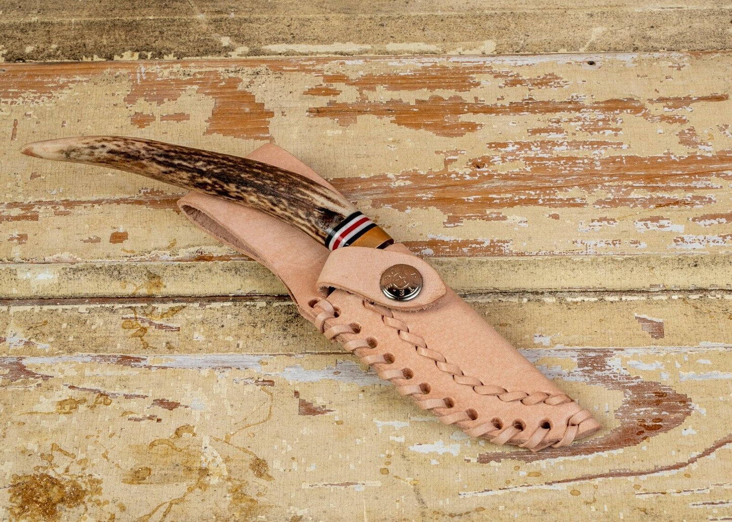 Heritage Forge Damascus Clip Point Knife Stag Antler Handle with Leather Sheath