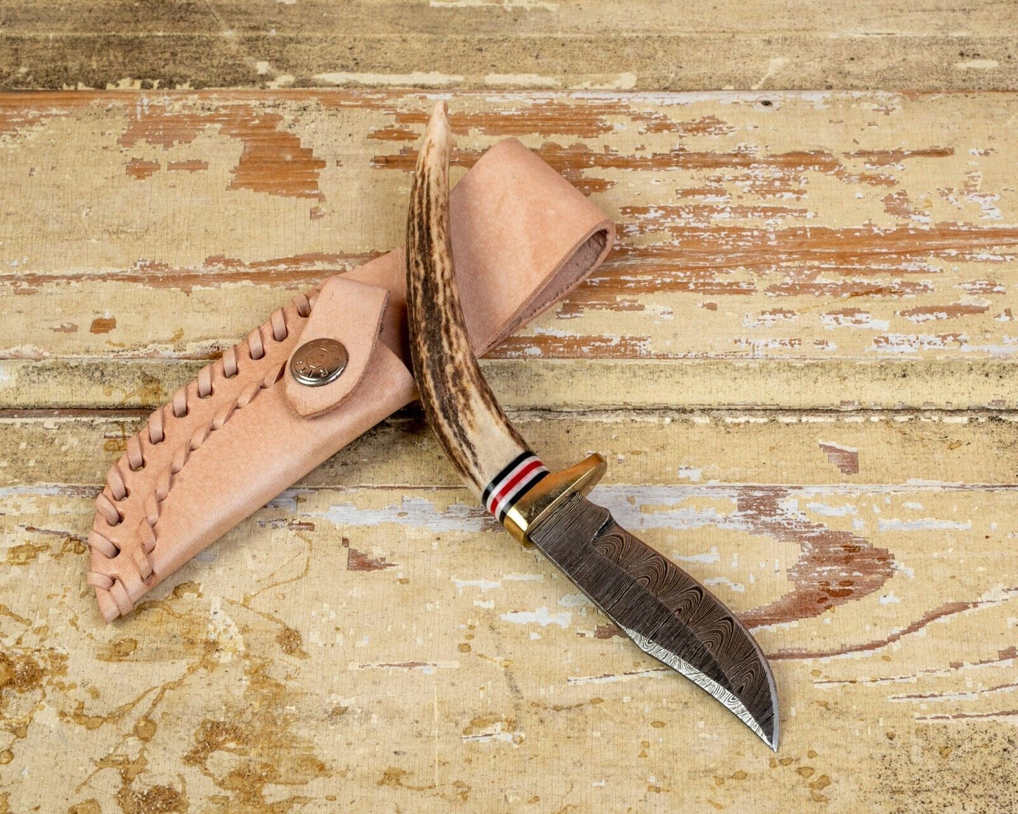 Heritage Forge Damascus Clip Point Knife Stag Antler Handle with Leather Sheath