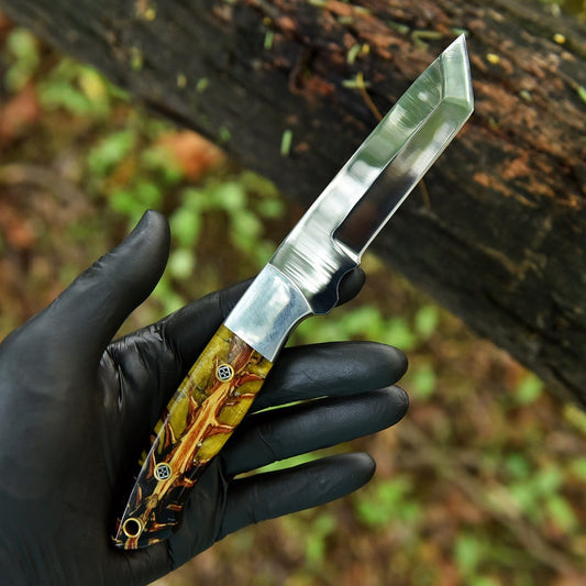 9" Handmade D2 Steel Pine Cone Handle Tanto Skinner Knife with Leather Sheath