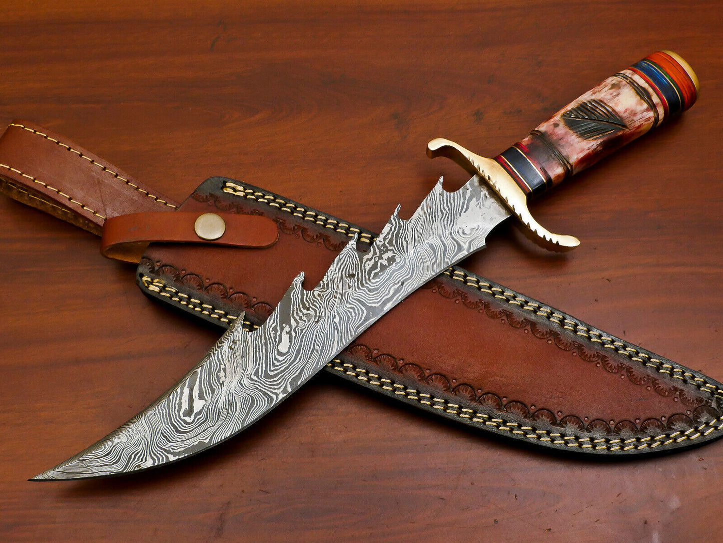15" Damascus Bowie Knife – Camel Bone & Pakka Wood Handle with Brass Guard