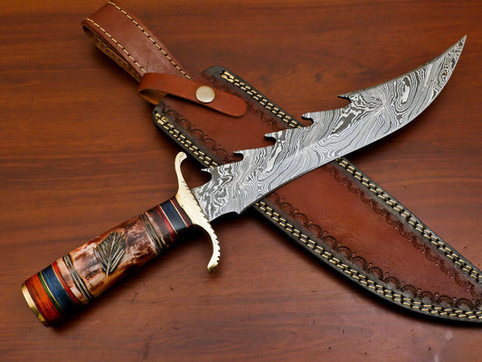15" Damascus Bowie Knife – Camel Bone & Pakka Wood Handle with Brass Guard