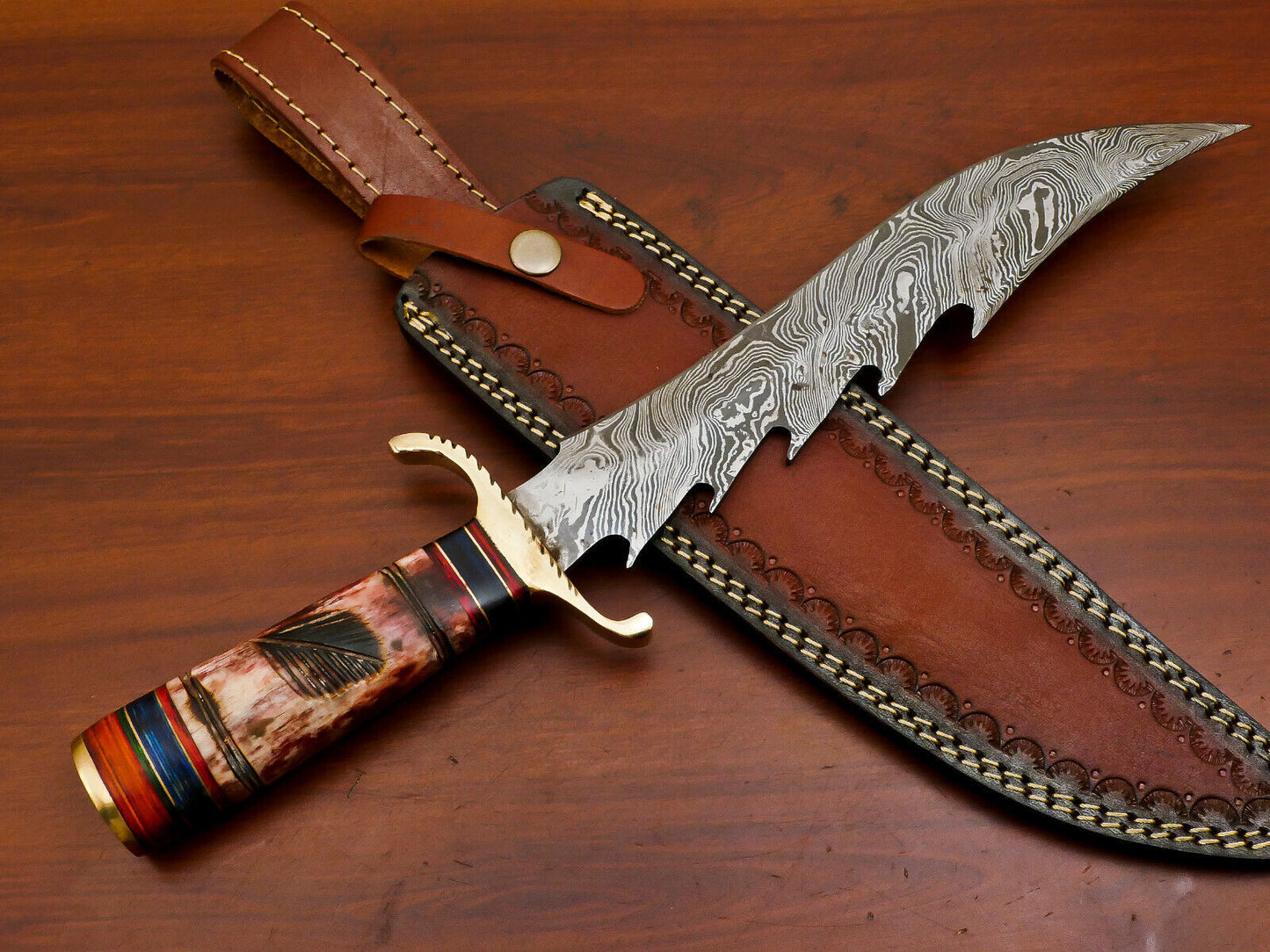 15" Damascus Bowie Knife – Camel Bone & Pakka Wood Handle with Brass Guard