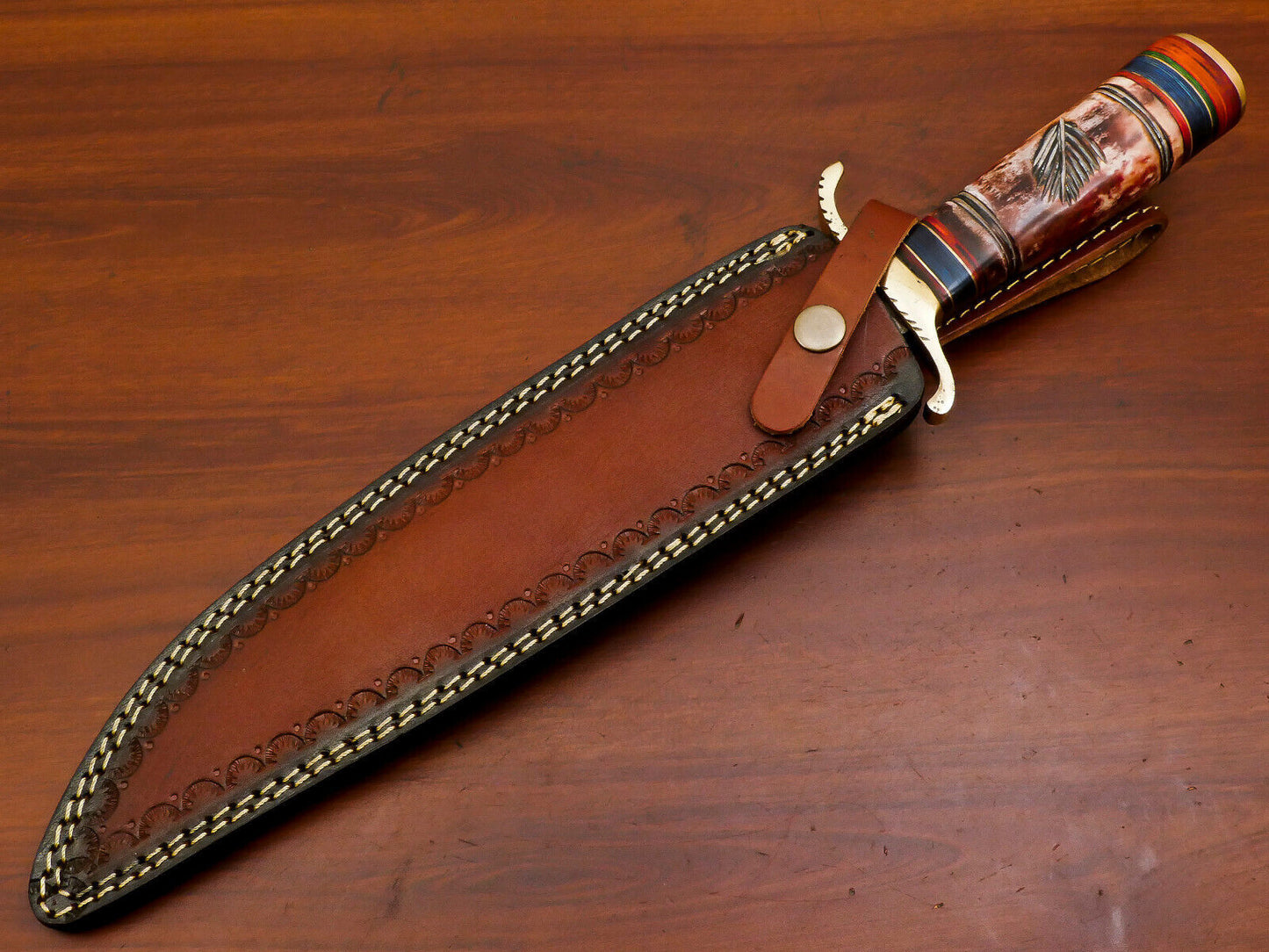 15" Damascus Bowie Knife – Camel Bone & Pakka Wood Handle with Brass Guard