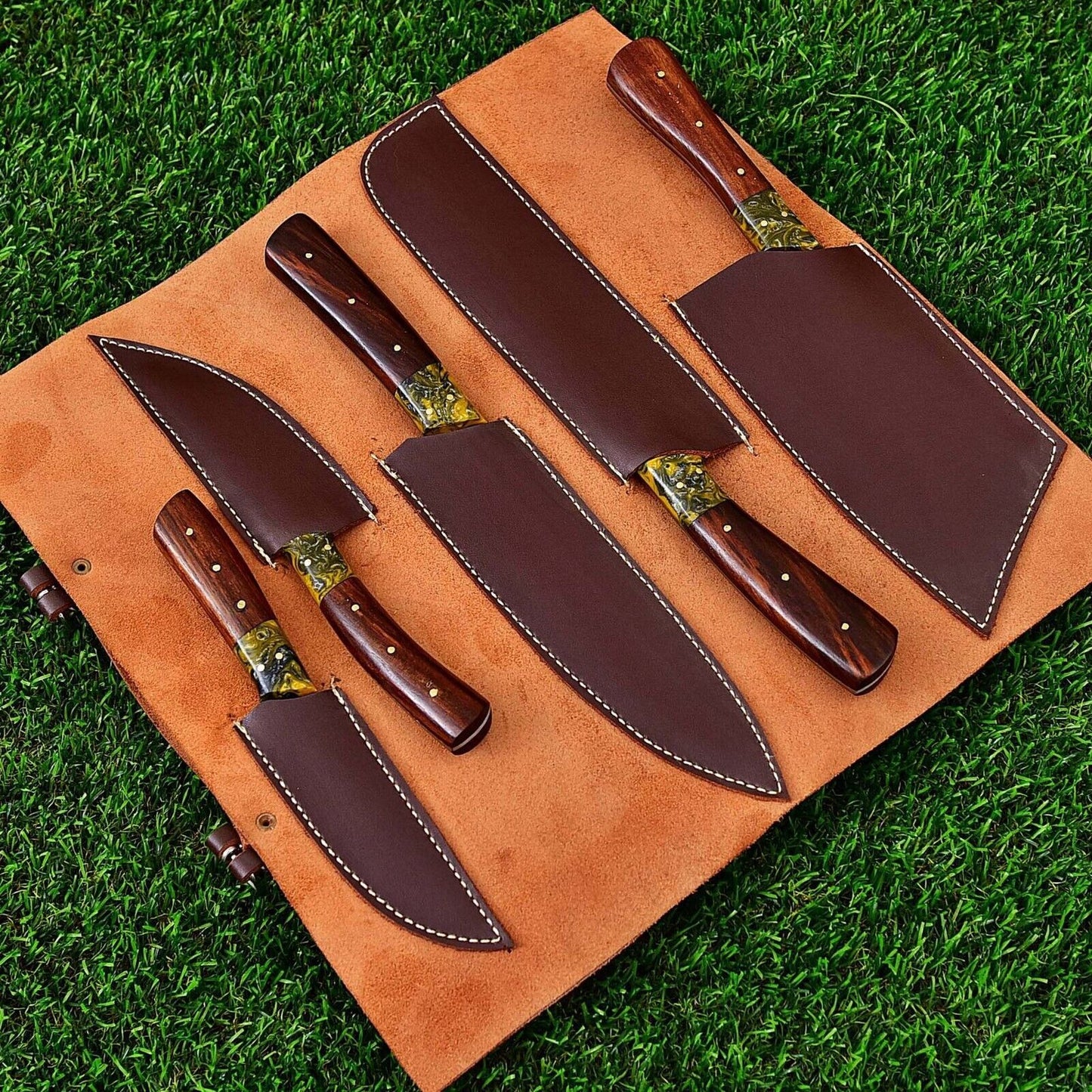 Custom Handmade Damascus Steel Chef Knife Set – 5 Piece Forged Kitchen Knives with Leather Sheath