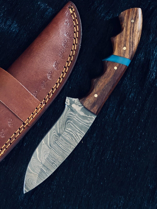 Heritage Forge 9 Inch Ladder Damascus Steel Skinner Knife with Wood Handle