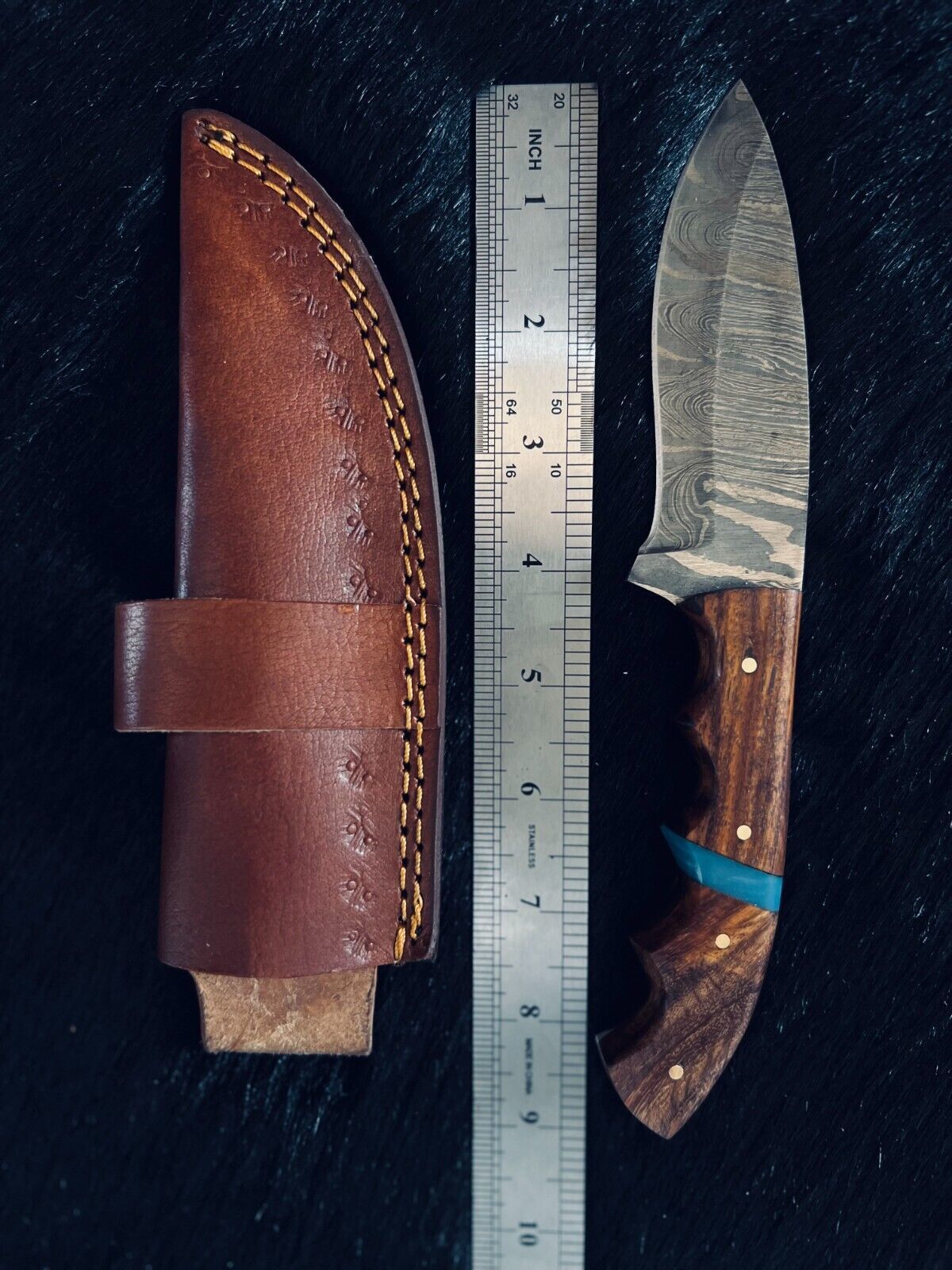 Heritage Forge 9 Inch Ladder Damascus Steel Skinner Knife with Wood Handle