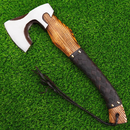 Hand Forged Carbon Steel Viking Axe Nordic Bearded Battle Axe with Rosewood Handle and Leather Sheath