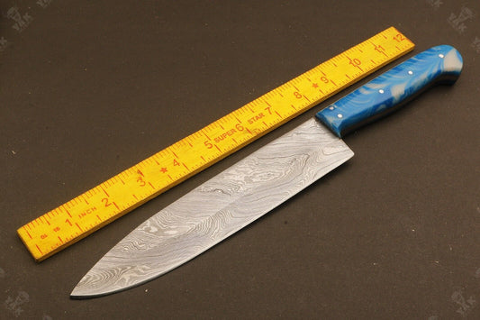 13" Custom Hand Forged Twist Damascus Steel Santoku Knife – Camel Bone & Wood Handle