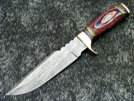 Authentic Hand Forged Damascus 12" Bowie Hunting Knife – Multi-Color Hard Wood Handle