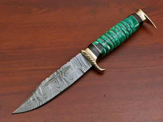 9 Inch Custom Damascus Hunting Knife with Camel Bone and Pakka Wood Handle and Brass Guard