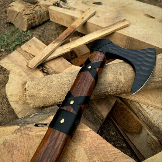 Hand Forged Carbon Steel Tomahawk Hatchet with Wooden Handle and Leather Sheath