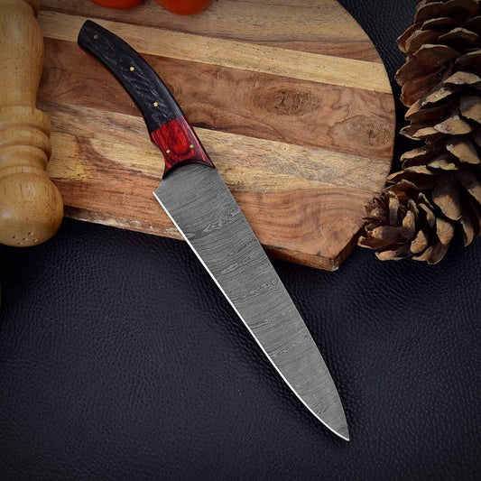 14 Inch Custom Handmade Damascus Steel Chef Kitchen Knife with Leather Sheath