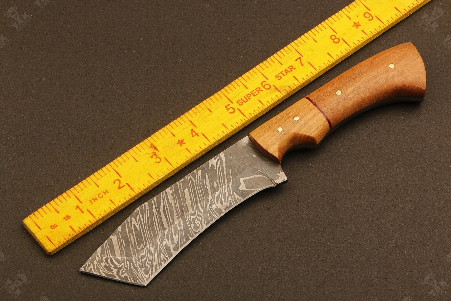 9" Hand Forged Damascus Steel Knife with Natural Wood Handle & Leather Sheath