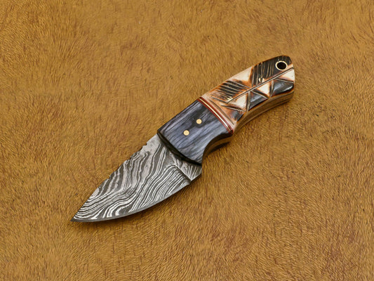6" Custom Damascus Bowie EDC Knife – Burn Engraved Camel Bone & Wood Handle