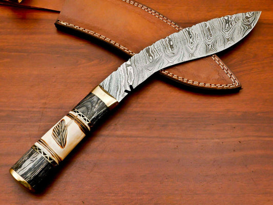 14.5" Handmade Damascus Khukri Bowie Knife | Engraved Camel Bone & Hardwood Handle