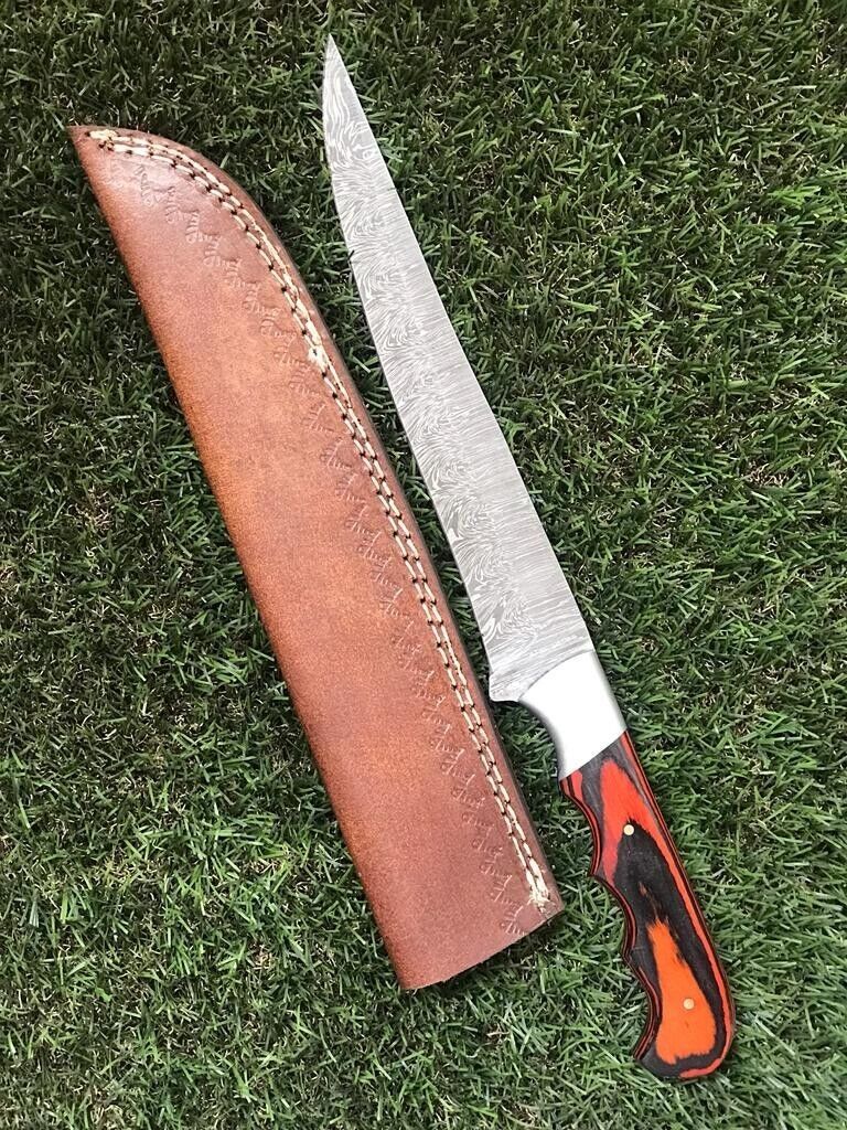 12.5" CUSTOM HANDMADE DAMASCUS STEEL FILLET BRISKET KNIFE Damascus Fillet Knife W/Sheath